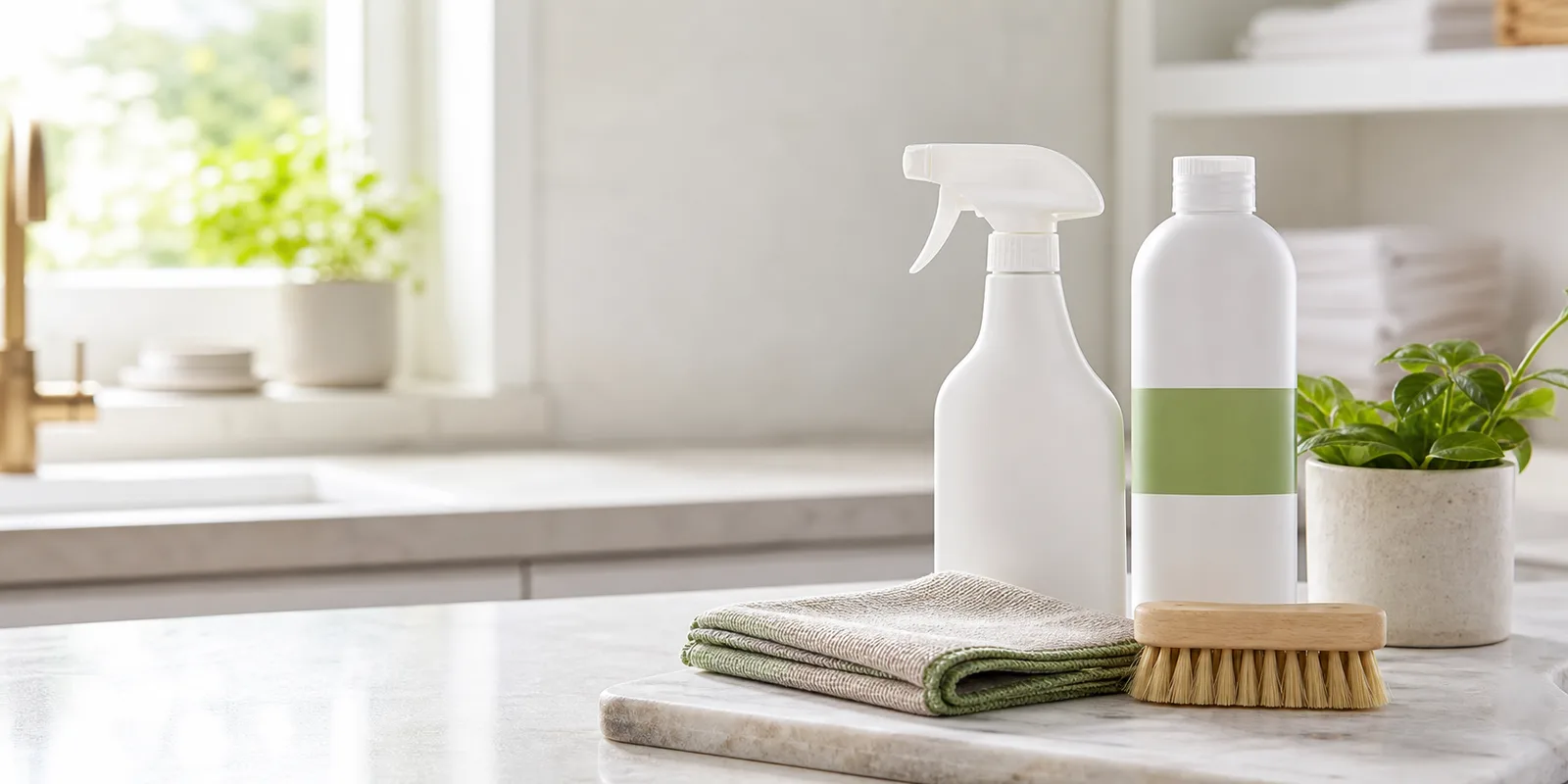 Unbranded cleaning bottles, folded cloths, and a brush in a bright home setting